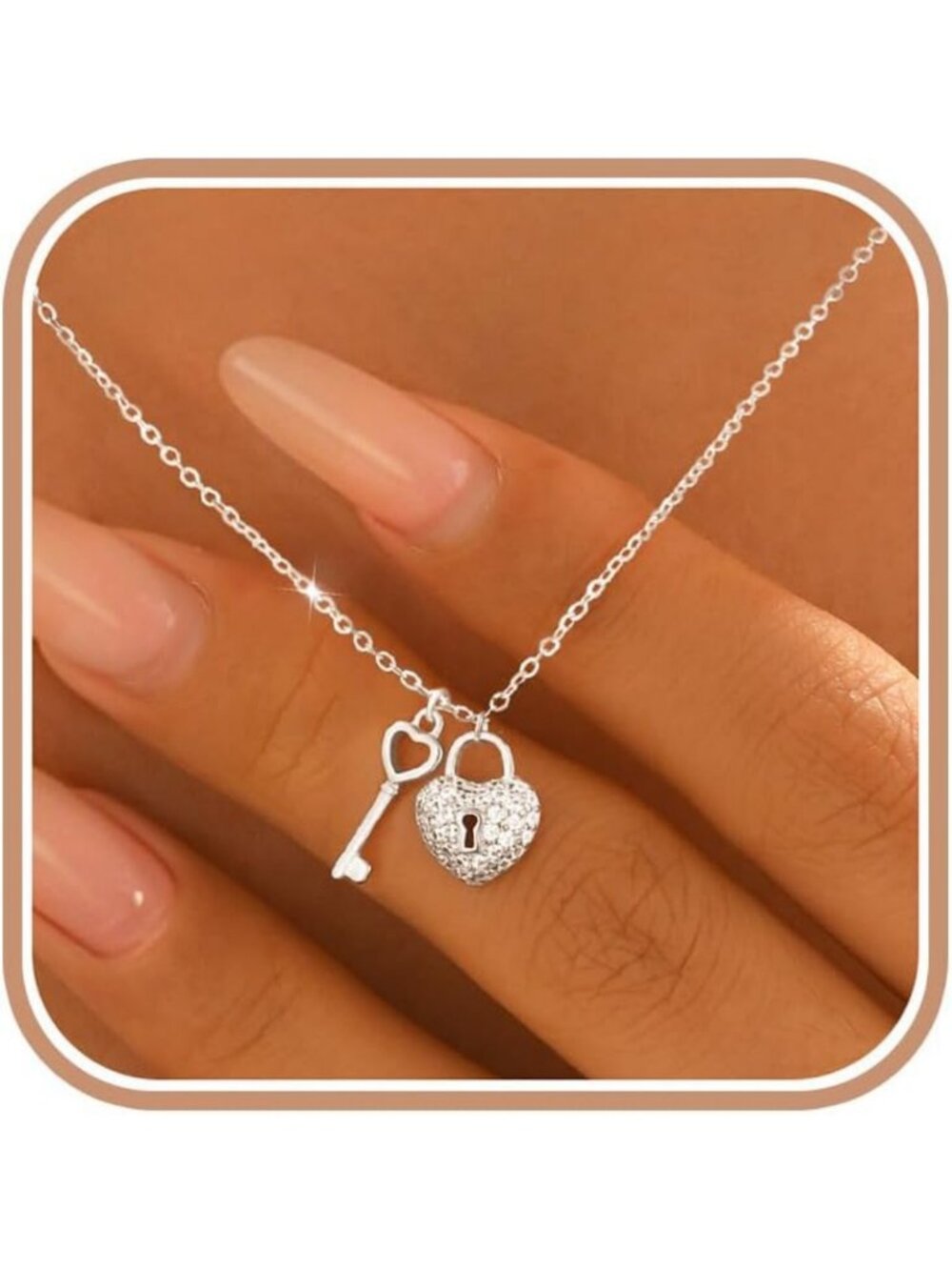 Sterling Silver Heart Lock Key Necklace with Cubic Zirconia for Women - Elegant